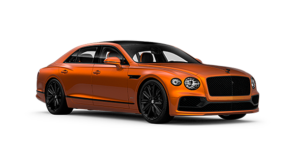 Bentley Zug Bentley Flying Spur Speed front side angled view in Orange Flame coloured exterior. 
