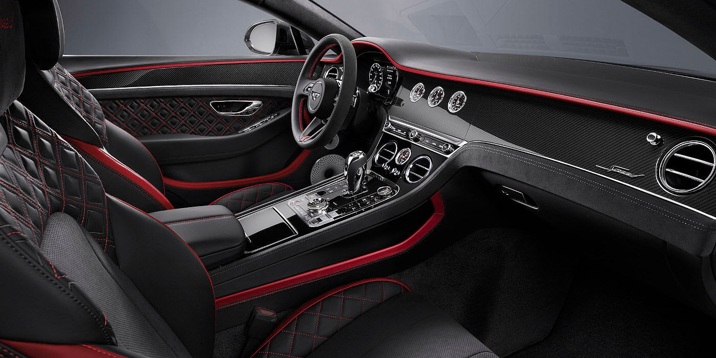 Bentley Zug Bentley Continental GT Speed coupe front interior in Beluga black and Hotspur red hide