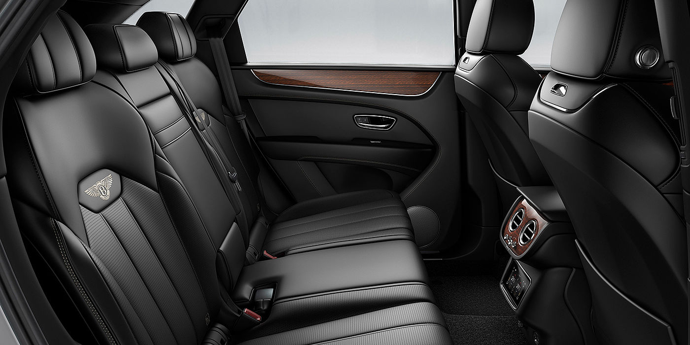 Bentley Zug Bentey Bentayga interior view for rear passengers with Beluga black hide.