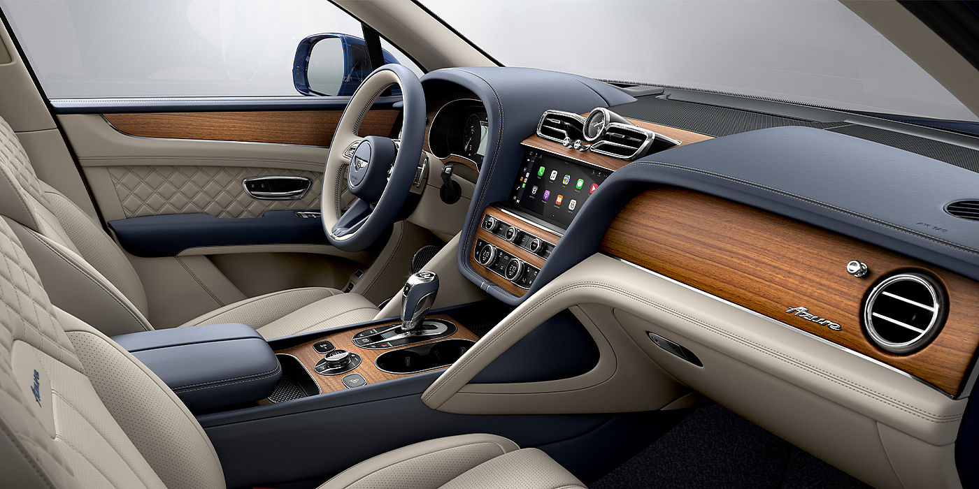 Bentley Zug Bentley Bentayga Azure SUV front interior in Imperial Blue and Linen hide