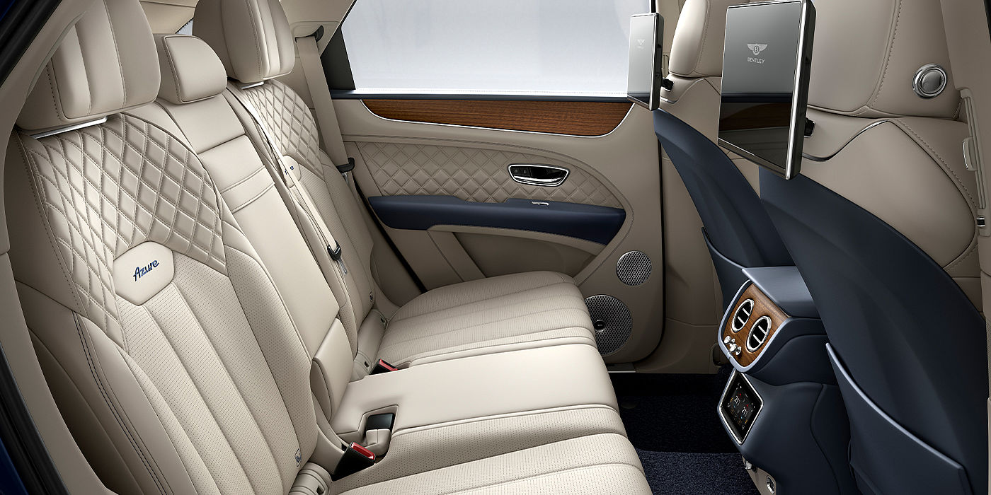 Bentley Zug Bentley Bentayga Azure SUV rear interior in Imperial Blue and Linen hide
