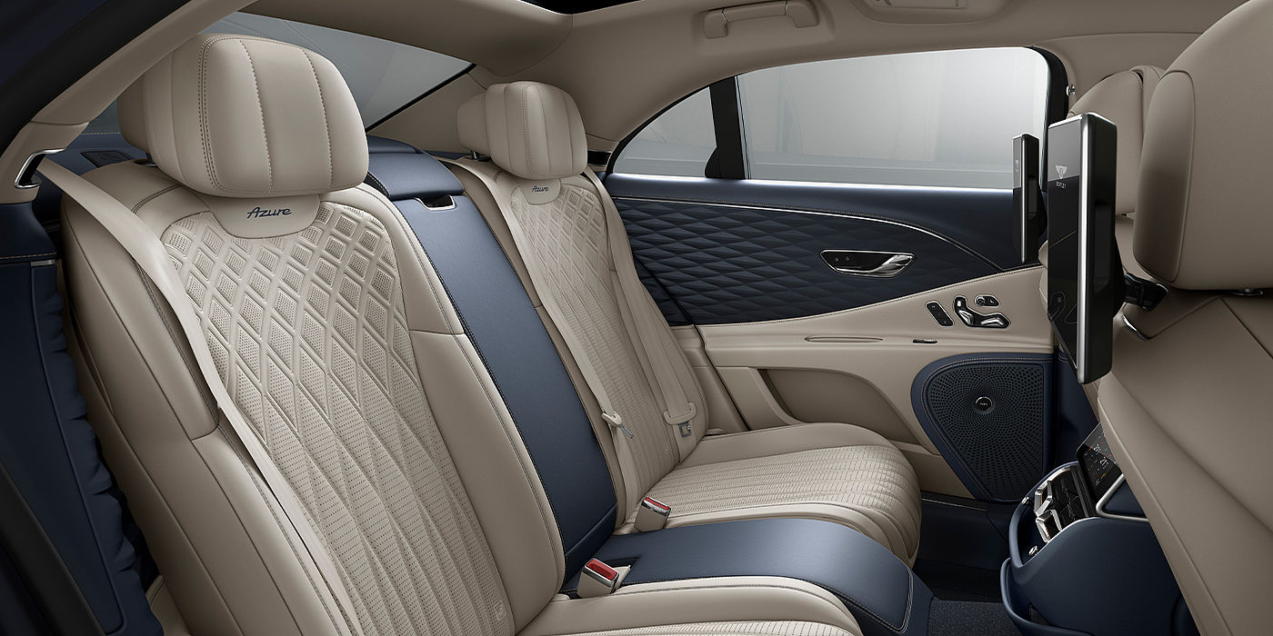 Bentley Zug Bentley Flying Spur Azure sedan rear interior in Imperial Blue and Linen hide