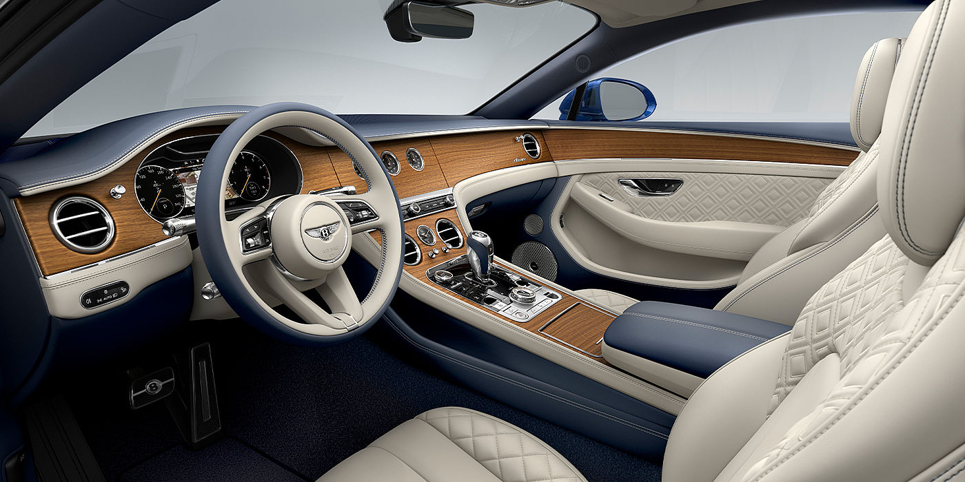 Bentley Zug Bentley Continental GT Azure coupe front interior in Imperial Blue and linen hide