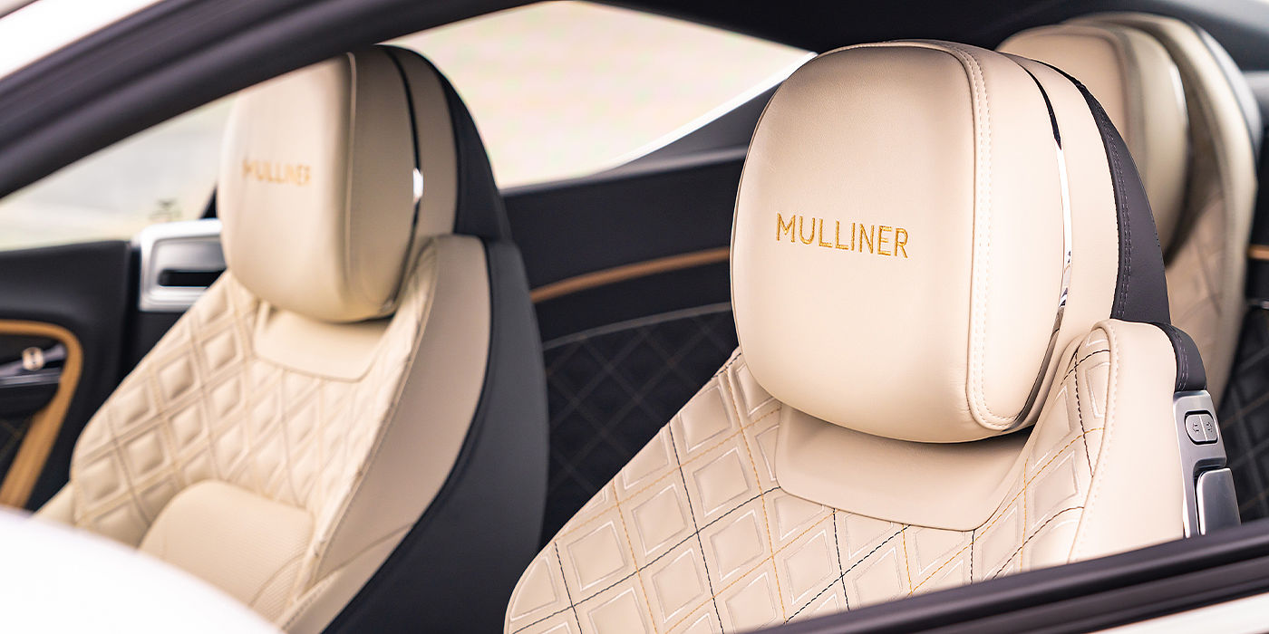 Bentley Zug Bentley Continental GT Mulliner coupe seat detail in Beluga black and Linen hide