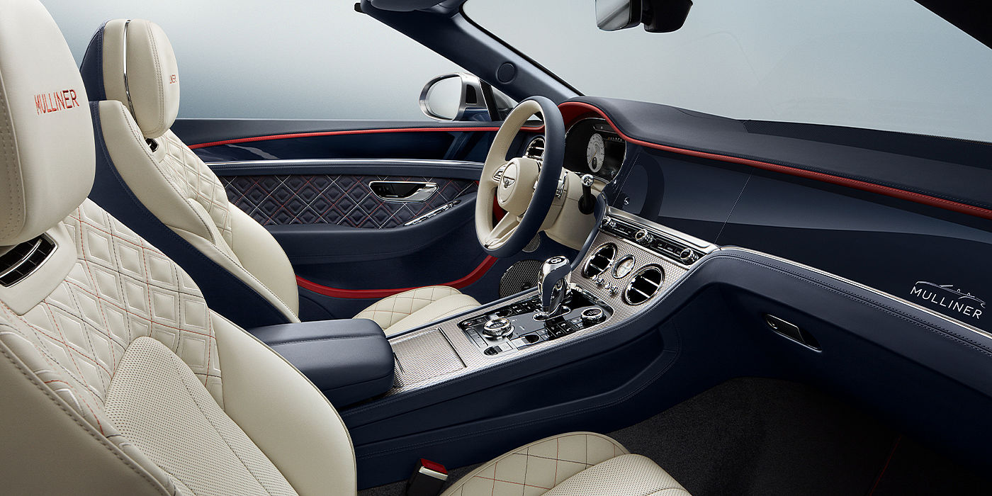 Bentley Zug Bentley Continental GTC Mulliner convertible front interior in Imperial Blue and Linen hide